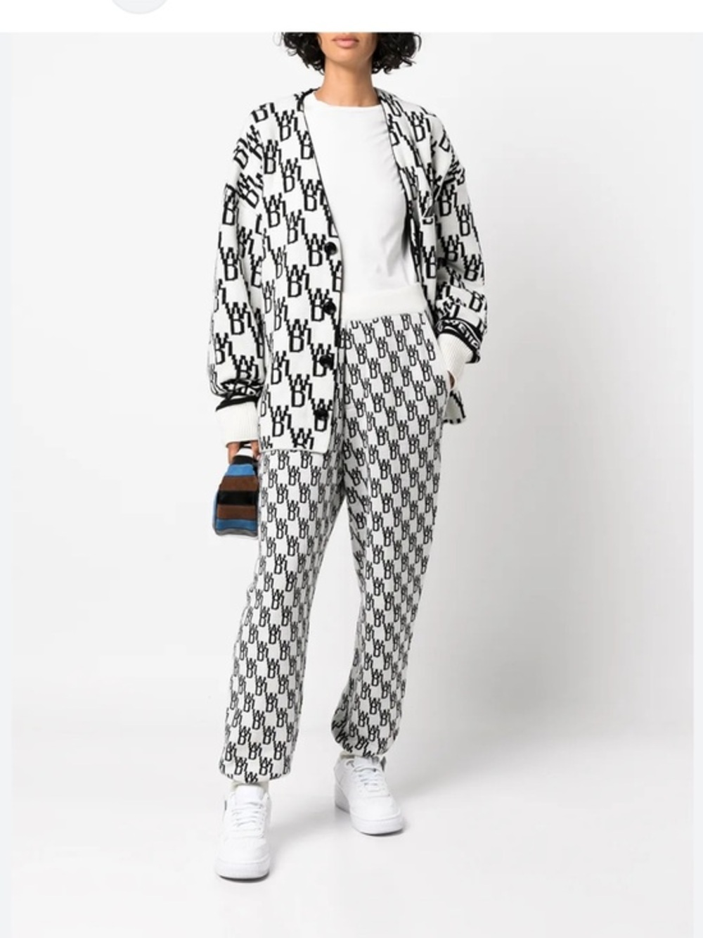 We11done Welldone Intarsia Knit Monogram Logo Pants Button Hem White Black Small